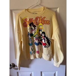 Sailor Moon Sweatshirt Womens XS Yellow Graphic Crewneck Anime Hybrid Apparel